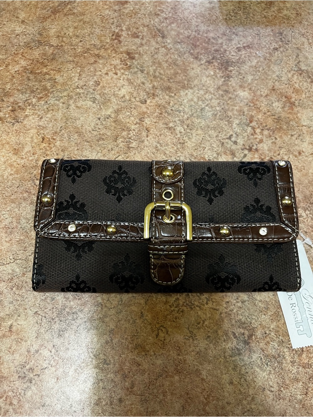 Genna De Rossi Brown Buckle Accent Wallet with Damask Print